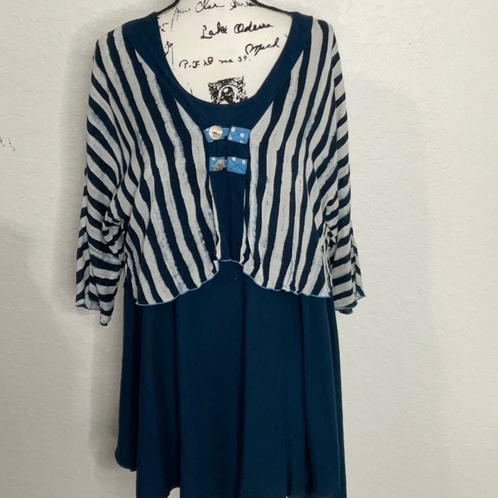538- Lyng NWOT Blue Mini Dress with Striped Cardigan, Size Medium.